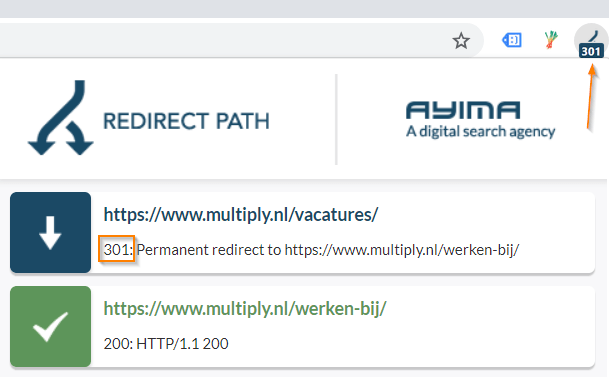 301 melding in de redirect extensie